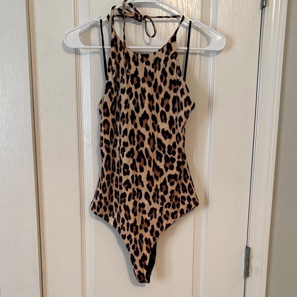 Alice + Olivia Leopard Halter Bodysuit in Tan and Black